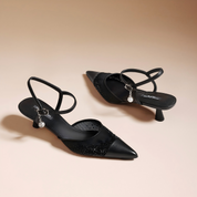Black Sheer Mesh Rhinestone Pointed Toe Kitten Heel Ankle Strap Sandals