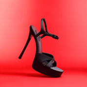 Black Satin Platform Ankle Strap Stiletto Heel Sandals