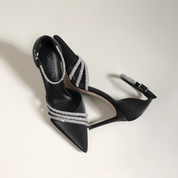 Black Satin Leather Crystal Ankle Strap Stiletto Heels