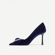 Blue Velvet Bow Rhinestone Buckle Pointed Toe Pumps