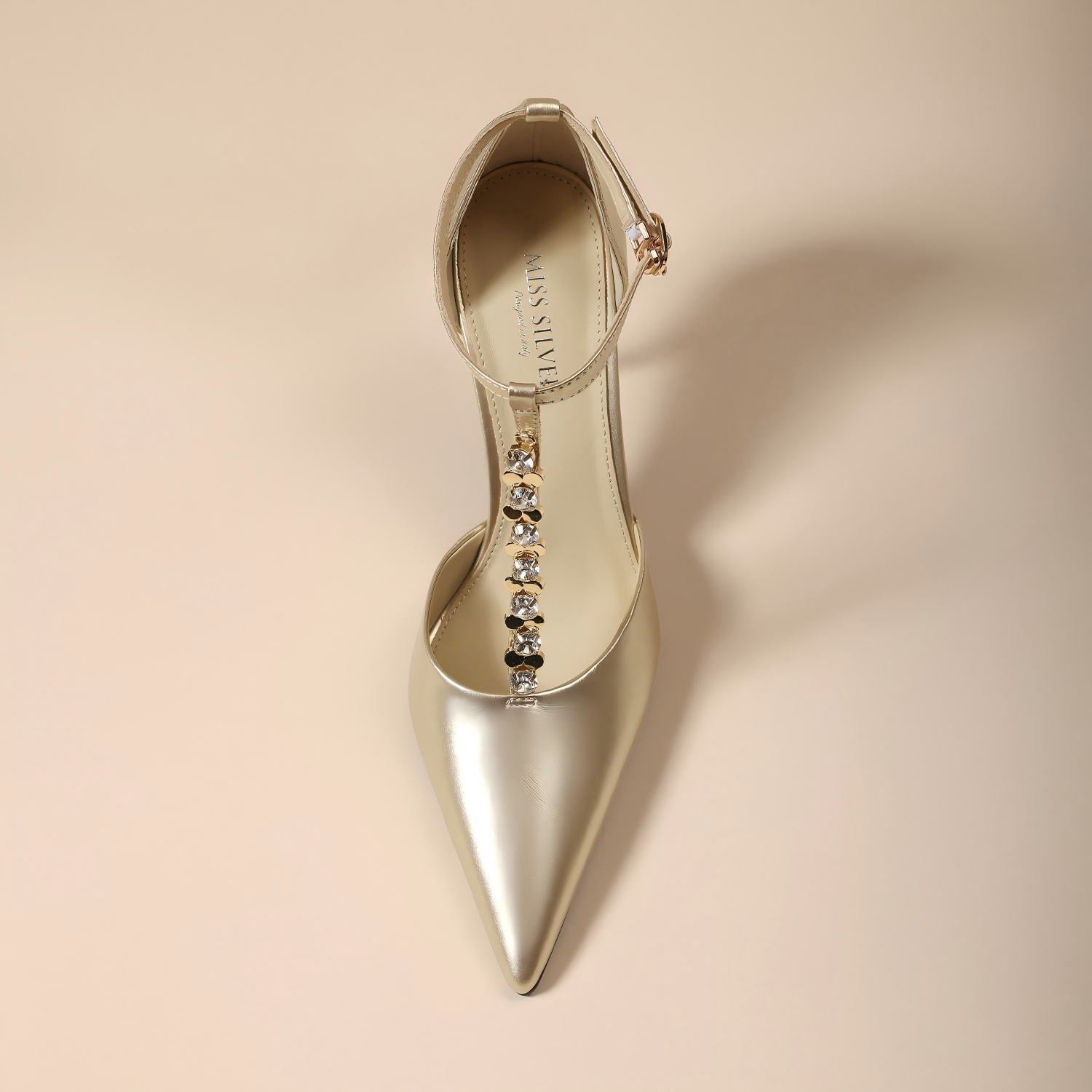 Champagne Gold Rhinestone T-Strap Pointed-Toe Stiletto Pumps