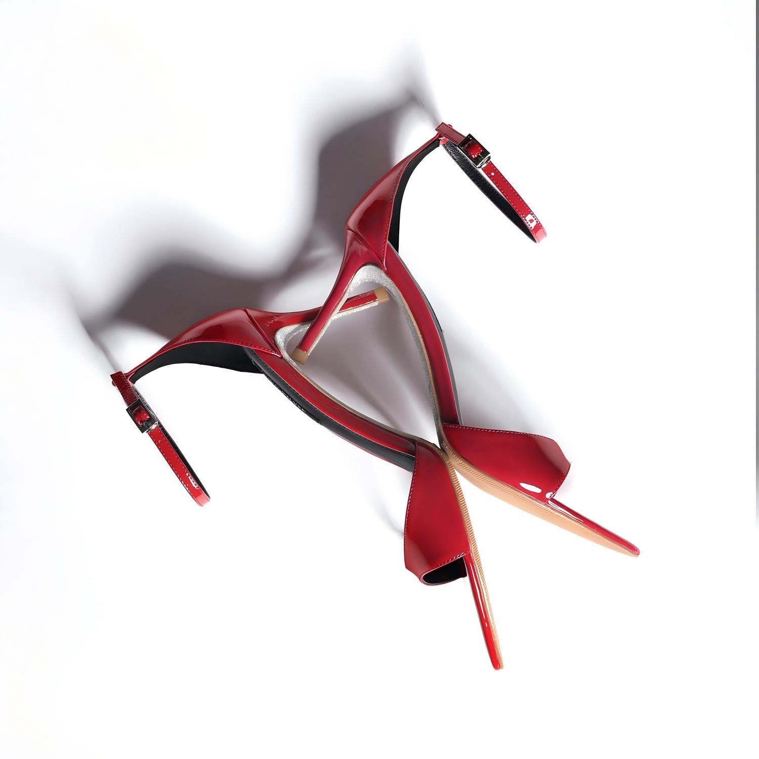 Red Patent Leather Open-Toe Pointed Ankle Strap Stiletto Heels