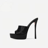 Black Rhinestone-Embellished Platform Stiletto Mules