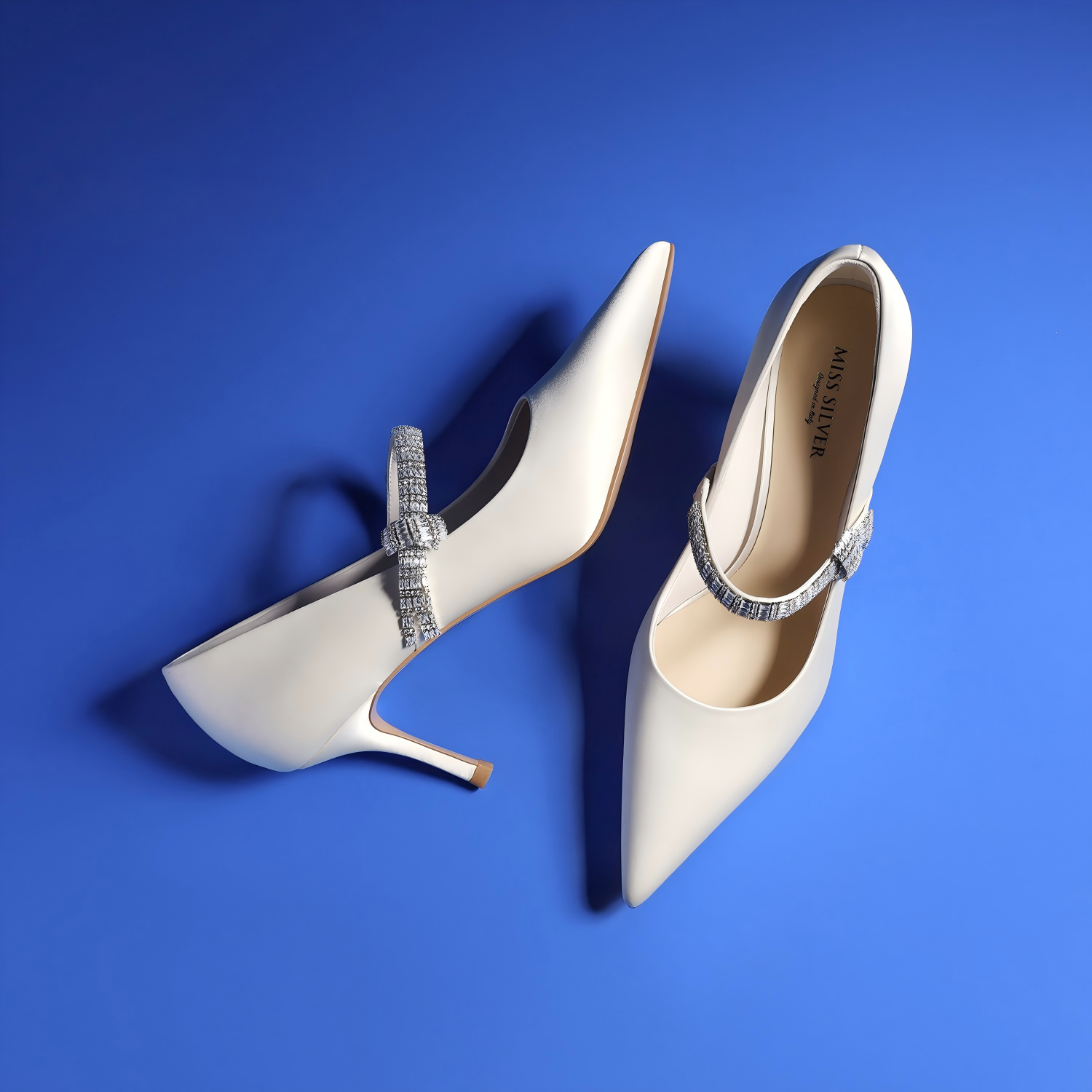 Elegant Ivory Satin Mary Jane Heels with Crystal-Embellished Strap