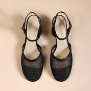 Black Mesh Round-Toe Slingback Pumps