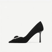 Black Velvet Bow Rhinestone Buckle Pointed Toe Pumps