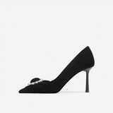 Black Velvet Bow Rhinestone Buckle Pointed Toe Pumps
