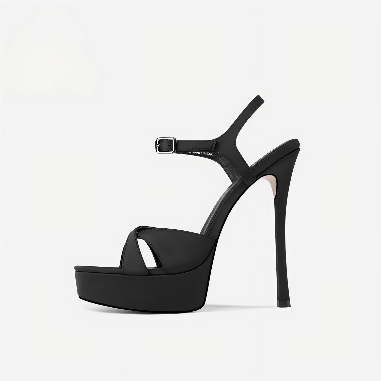 Black Satin Platform Ankle Strap Stiletto Heel Sandals