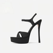 Black Satin Platform Ankle Strap Stiletto Heel Sandals