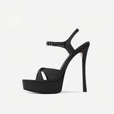 Black Satin Platform Ankle Strap Stiletto Heel Sandals