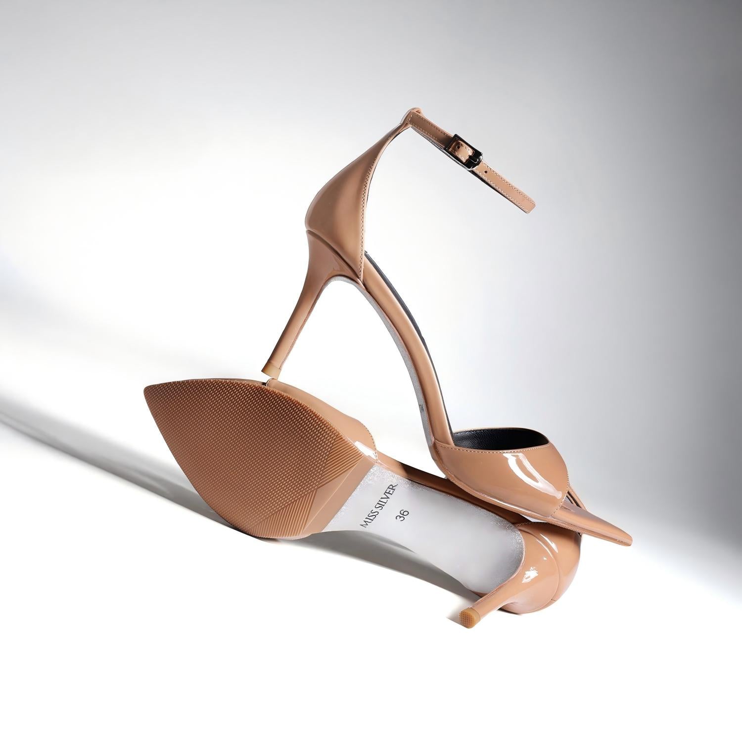 Nude Patent Leather Open-Toe Pointed Toe Ankle Strap Stiletto Heels