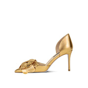 Gold Suede 3D Flower Appliqué Pointed Toe Stiletto Pumps